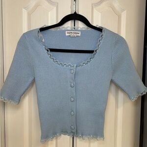Charlie Holiday Anthropologie - Festival Artsy Sky Blue Lace-Trim Top in Size XS
